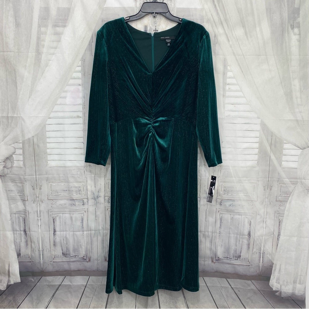 Maggy London Sz 12 Green Metallic Striped 3/4 Sleeve Velvet Midi Cocktail/Formal - Picture 9 of 15